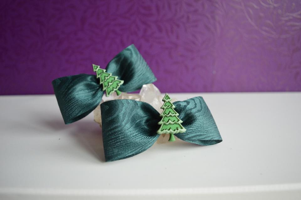 IMAGE - Set of two dark green hairpins with pine trees.