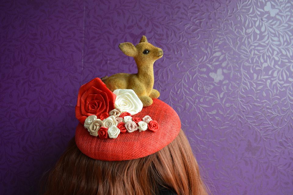 IMAGE - Red sinamay fascinater with dear and ribbon roses. Fixes to hair with a comb.