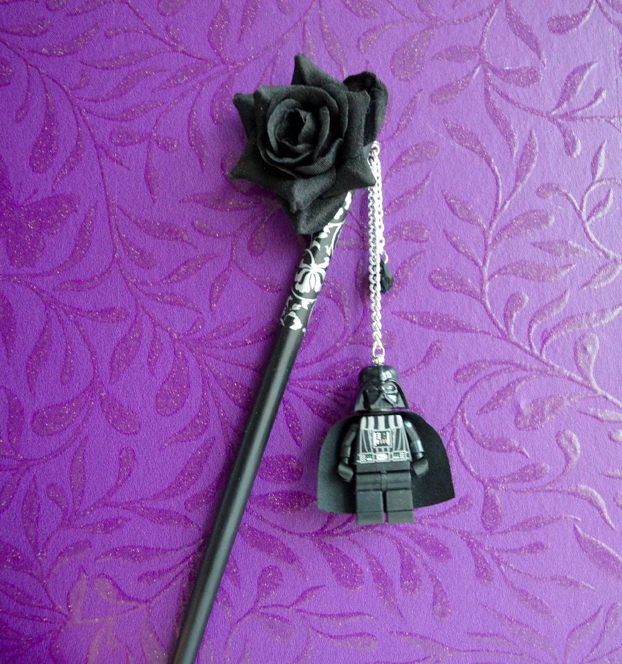 IMAGE - Black hairstick with black rose, glass drop bead and Darth Vader figurine. 