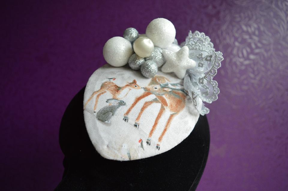 IMAGE - Fabric covered fascinator with silver lace and white and silver glittered spheres.
Fixes to hair with a comb.