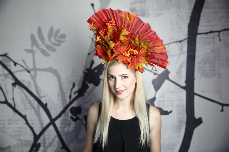 IMAGE - Read headband with red fan and autumn leaves. Decorated with some orange glittered butterflies and red rhinestones. Extra elastic and comb attached to the headband for support.